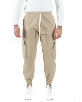 Pantaloni Uomo Pantalaccio Con Tasconi Cargo Velluto Beige Coulisse Elastico Al Fondo GIOSAL-P6014A