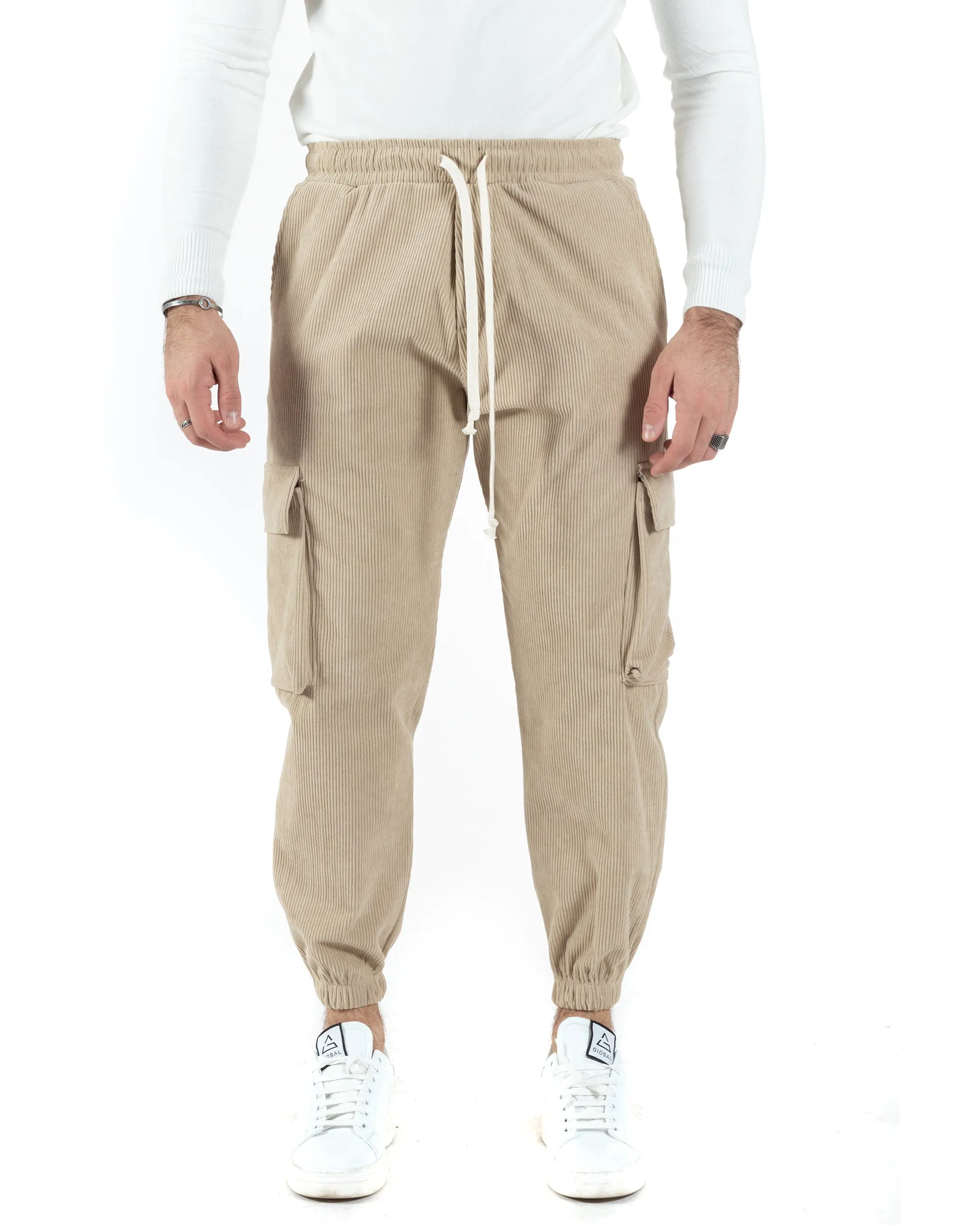 Pantaloni Uomo Pantalaccio Con Tasconi Cargo Velluto Beige Coulisse Elastico Al Fondo GIOSAL-P6014A