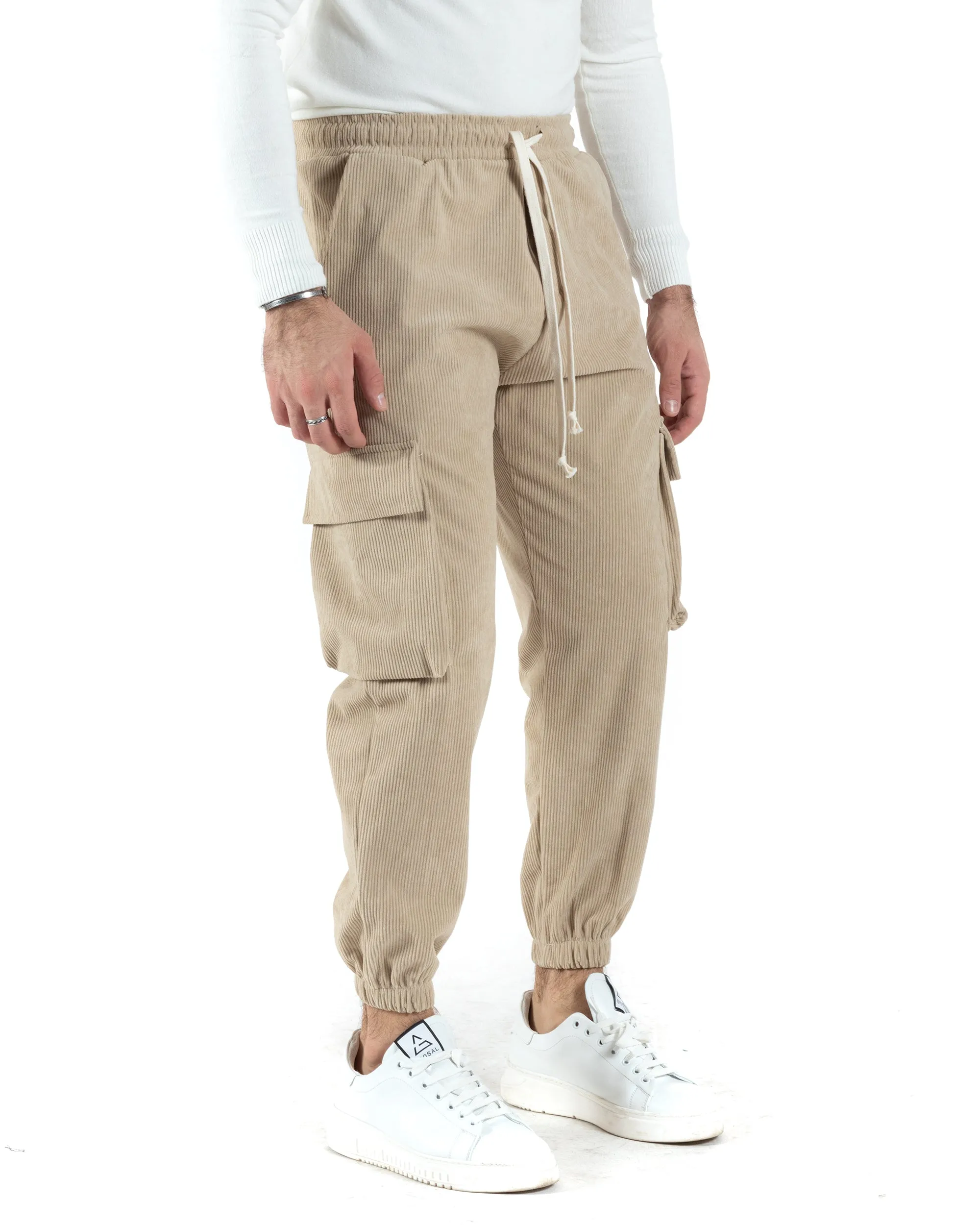 Pantaloni Uomo Pantalaccio Con Tasconi Cargo Velluto Beige Coulisse Elastico Al Fondo GIOSAL-P6014A