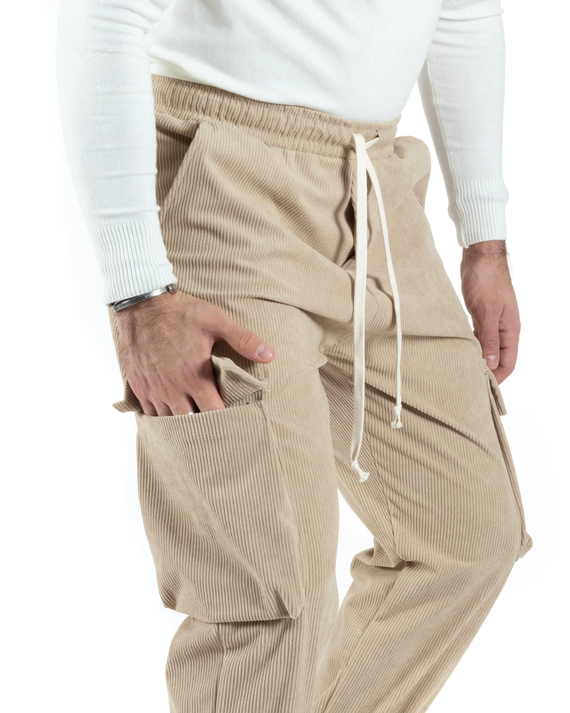 Pantaloni Uomo Pantalaccio Con Tasconi Cargo Velluto Beige Coulisse Elastico Al Fondo GIOSAL-P6014A