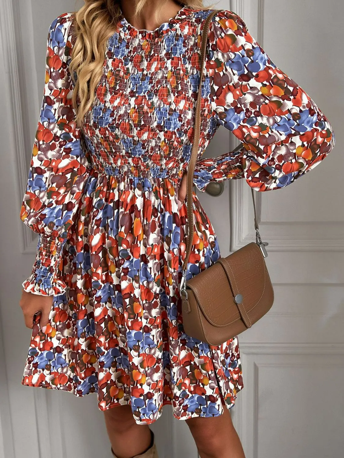 Printed Puff Sleeve Smocked Dress