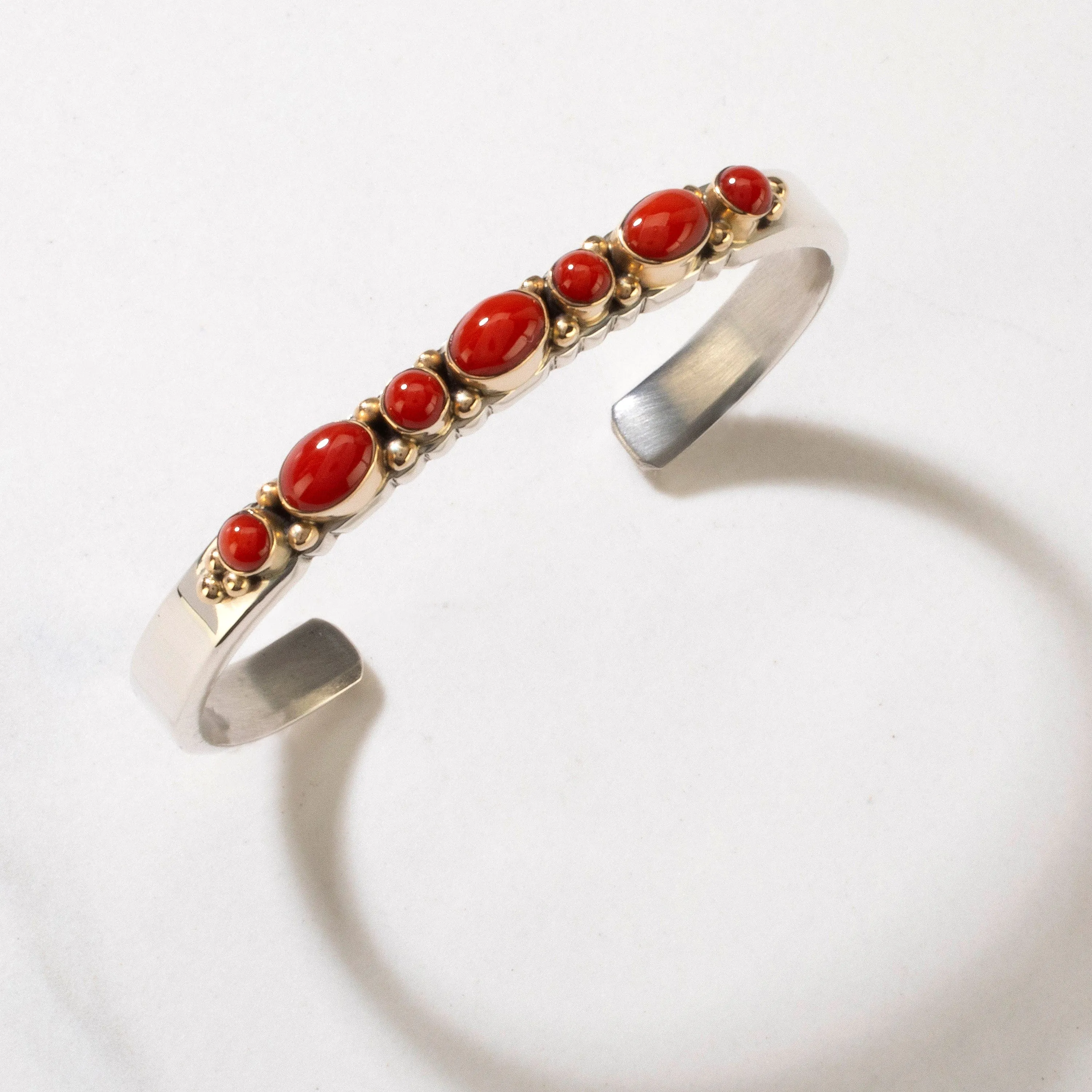 Ray Bennett Navajo 14K Gold and Red Coral USA Native American Made 925 Sterling Silver Cuff