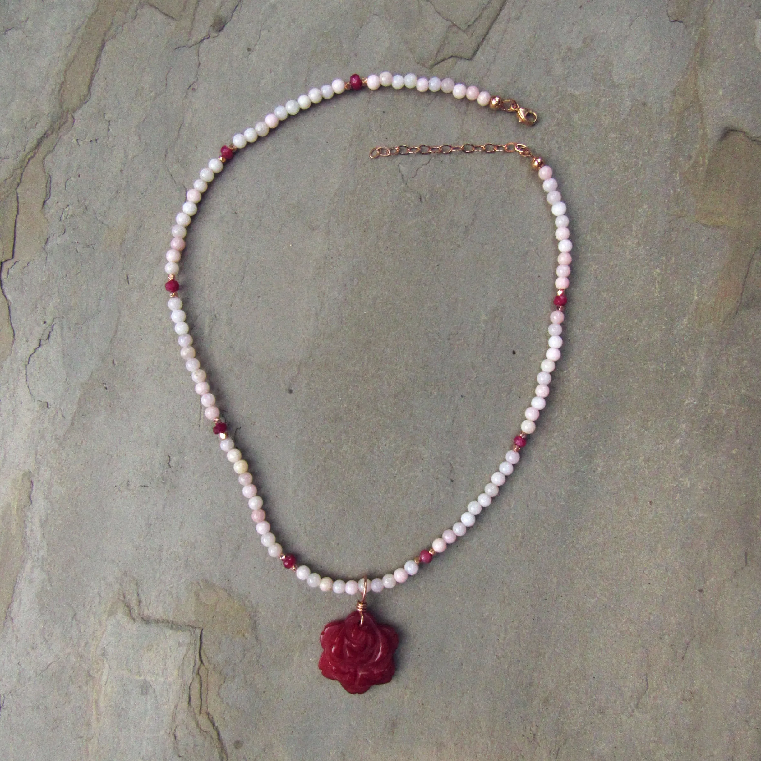 Red Agate Gemstone Flower w/ Pink Opals and Rubies and 14 kt Rose GF Necklace