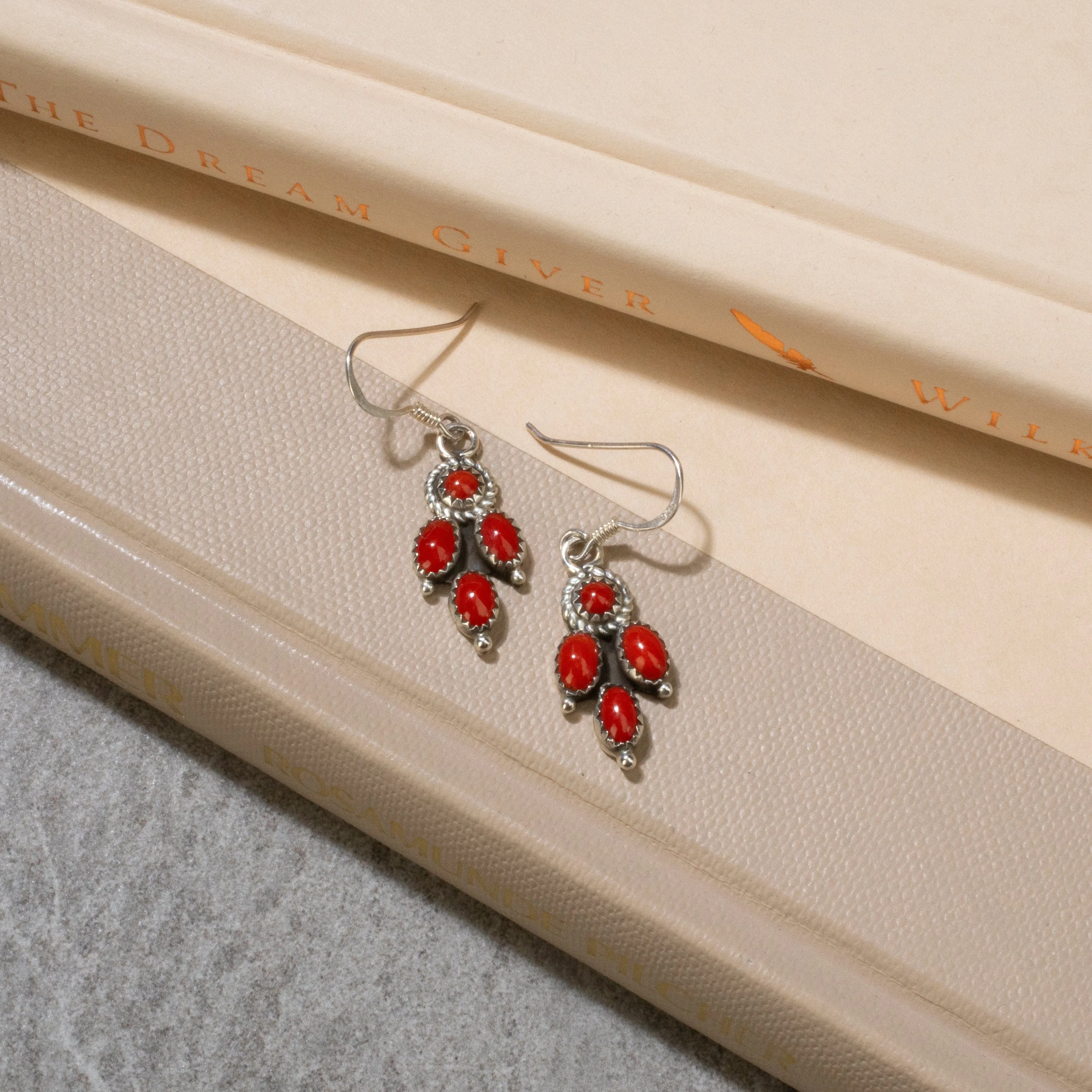 Red Coral Dangle Navajo USA Native American Made 925 Sterling Silver Earrings with French Hook