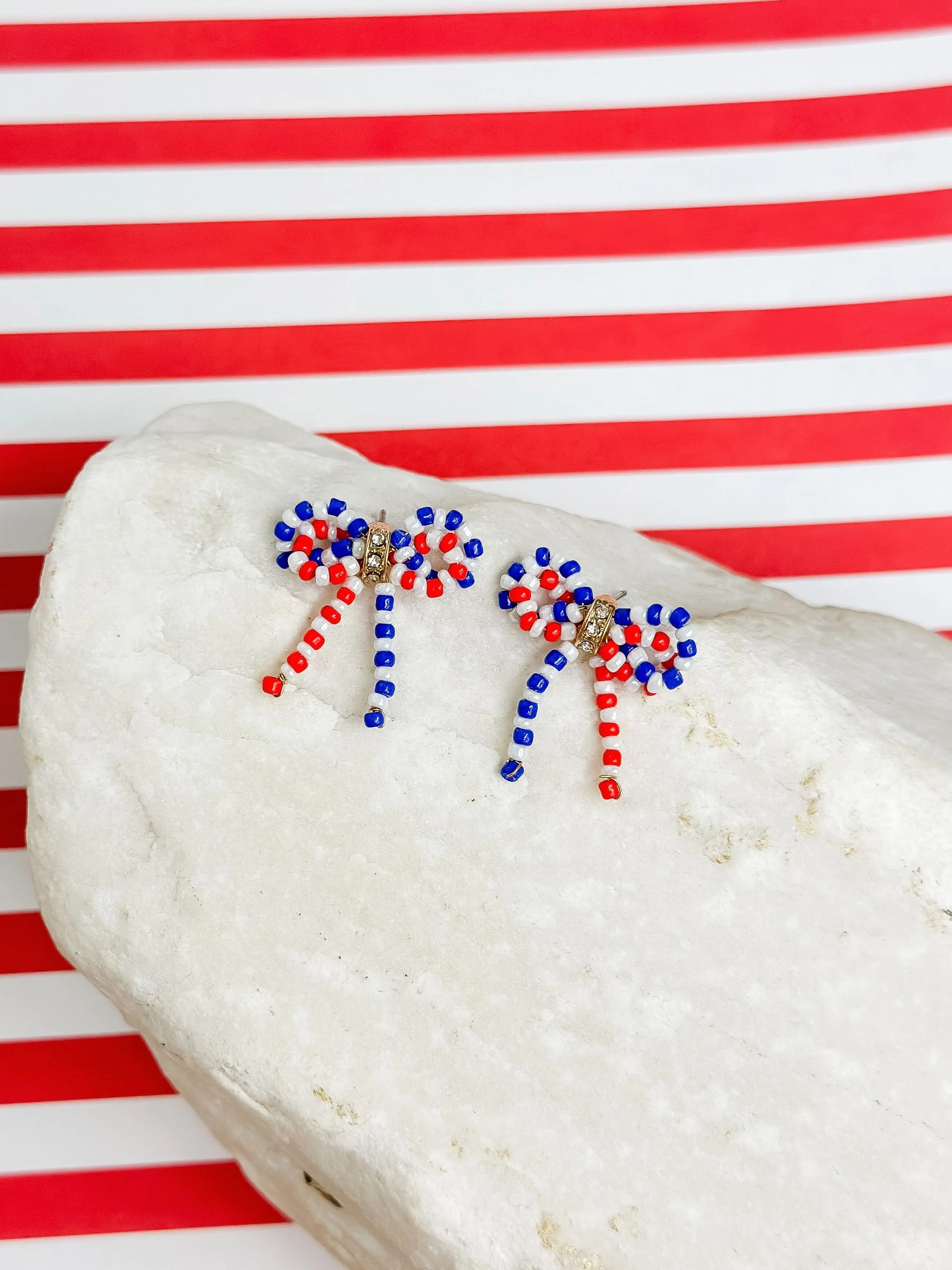 Red, White, & Blue Beaded Bow Stud Earrings