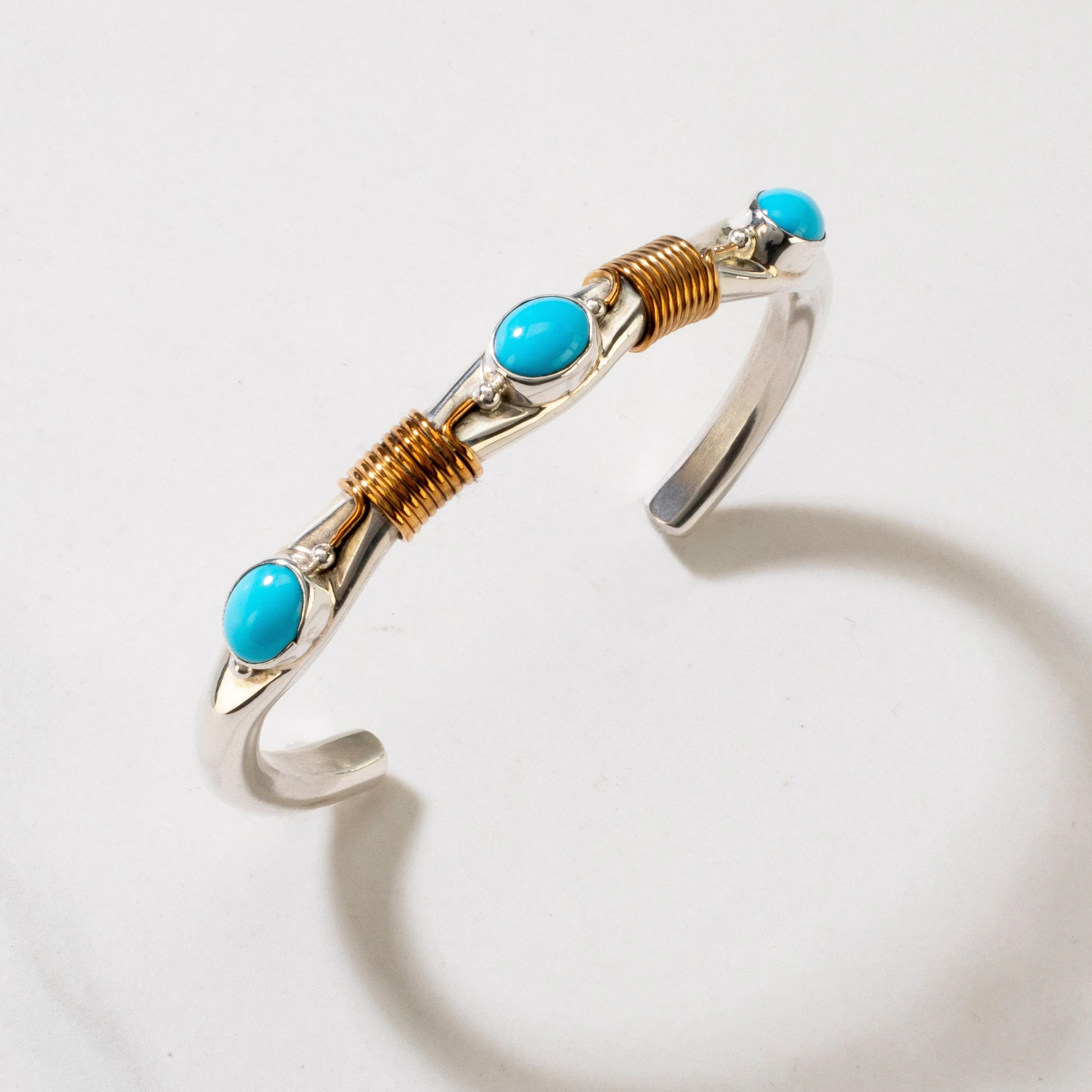 Russell Sam Navajo Sleeping Beauty Turquoise USA Native American Made 925 Sterling Silver & 12K Gold Filled Cuff