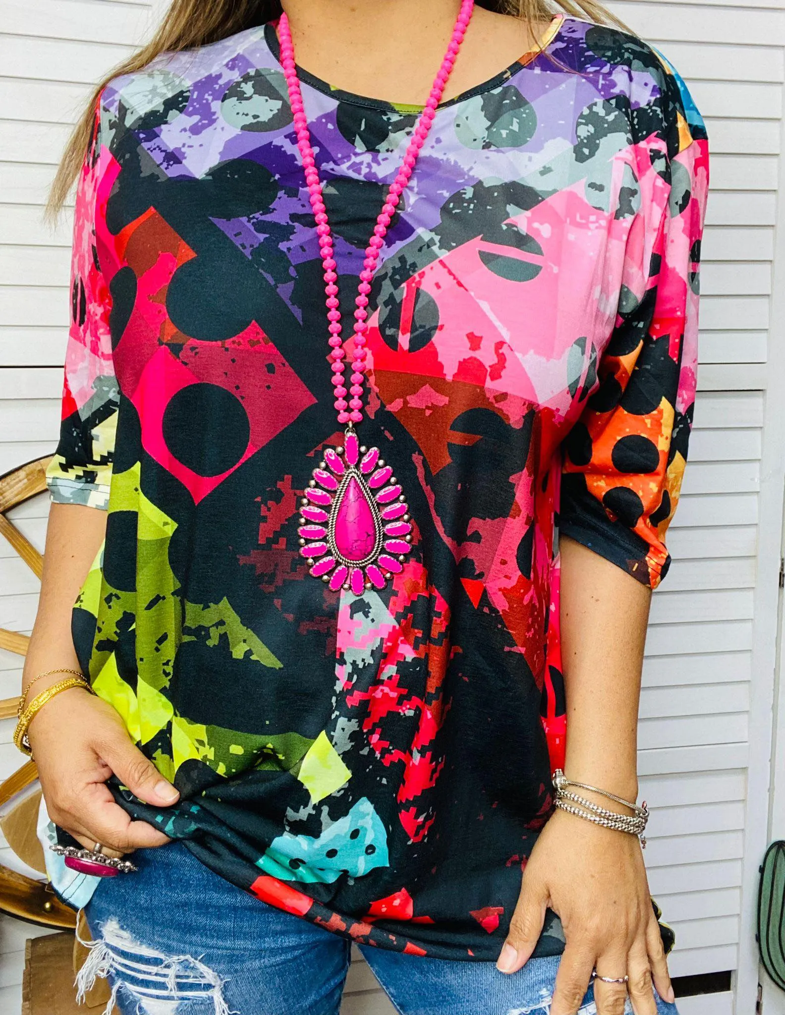 S, M, L, 2X, 3X Multi Color & Black print top