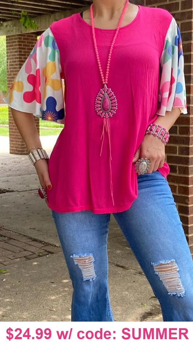 S, M, L Pink Top with White Flower Print Bell Sleeves