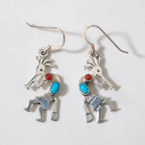 Sleeping Beauty Turquoise & Red Coral Kokopelli Navajo USA Native American Made 925 Sterling Silver Earrings with French Hook