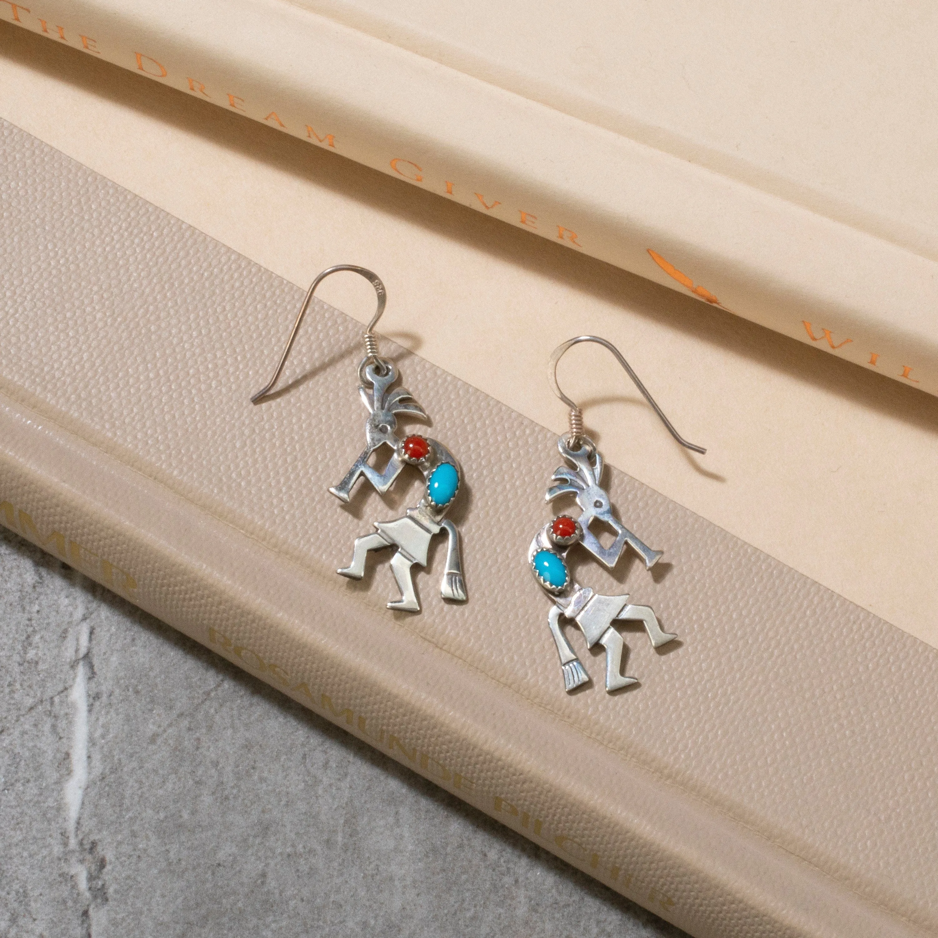 Sleeping Beauty Turquoise & Red Coral Kokopelli Navajo USA Native American Made 925 Sterling Silver Earrings with French Hook