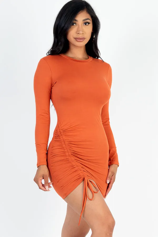 Solid Ruched Drawstring Long Sleeve Bodycon Dress