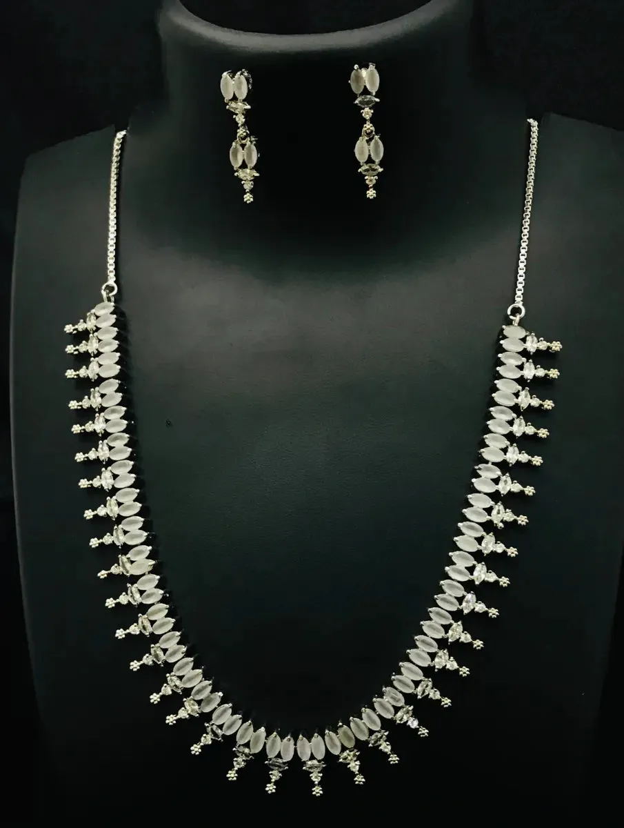 Stylish Fancy American Diamond Silver Plated Necklace With Earrings