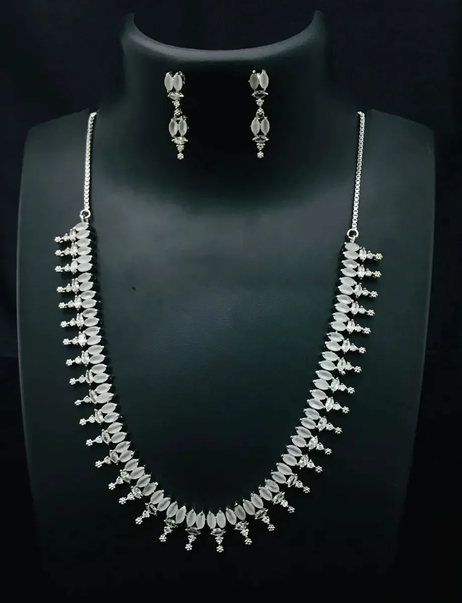 Stylish Fancy American Diamond Silver Plated Necklace With Earrings