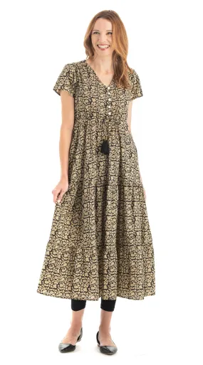 Sunita Dress - gold blockprint - organic cotton