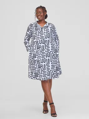 Vivo Basic Long Sleeve Tent Shirt Dress - White / Black Abstract Print