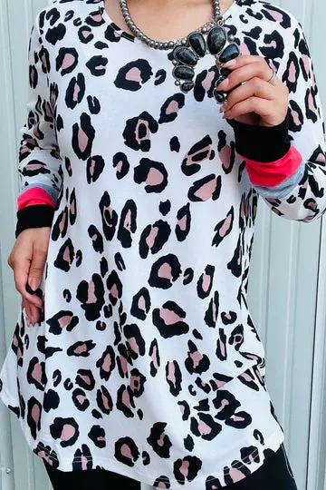 White Leopard long sleeve top with coral cuff