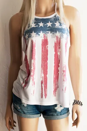 Women's American Flag High Neck Spaghetti Strap Loose Fitting Tank Top